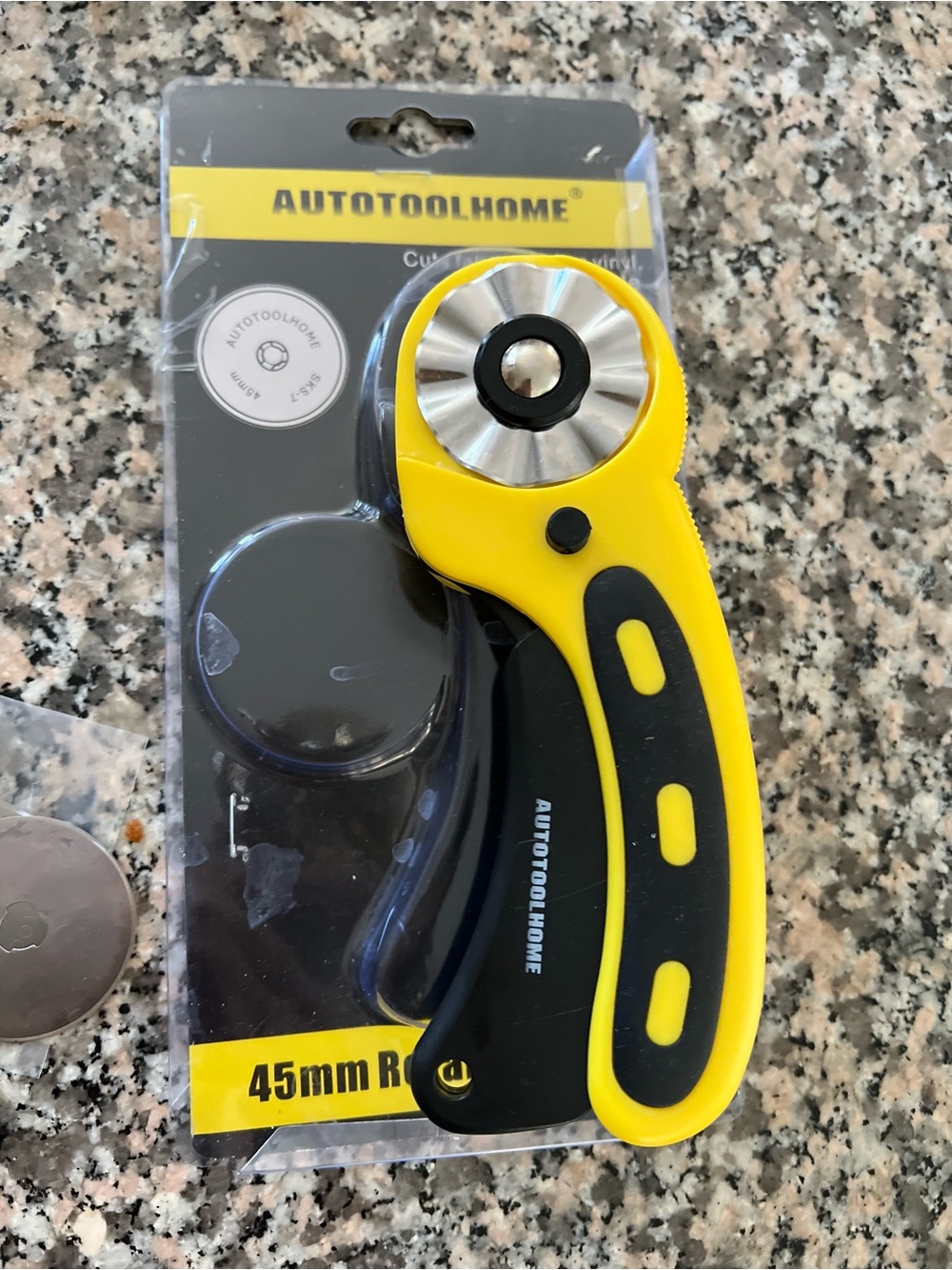 Amazon AUTOTOOLHOME Yellow and Black Rotary Cutter with Spare Blade